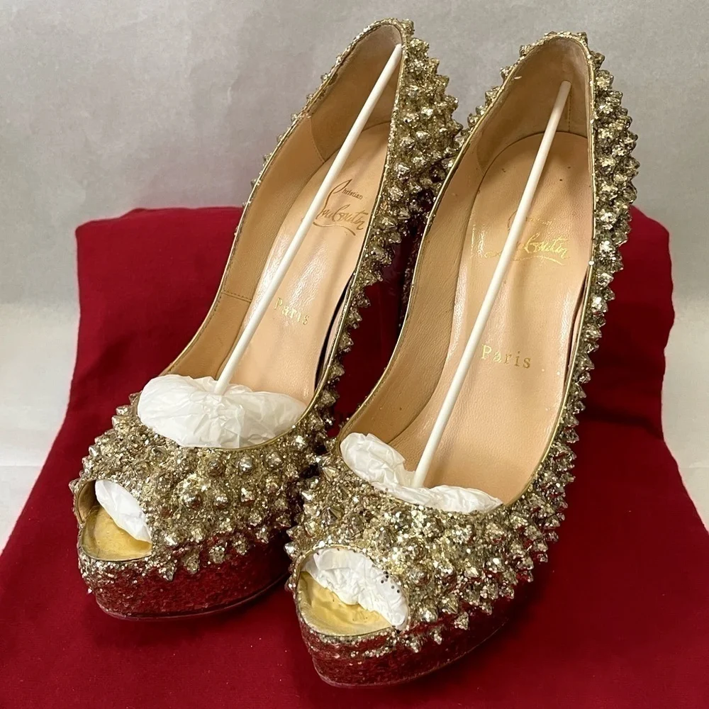 Christian Louboutin “Glitter Specchio” Lady Peep spikes.EU38 140mm 1” platform.